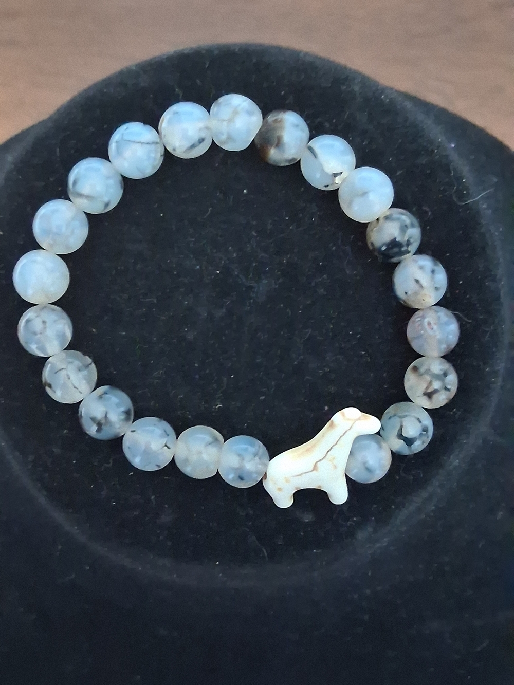 Blue Dendritic Agate Beaded Stretch Bracelet with White Dog Charm